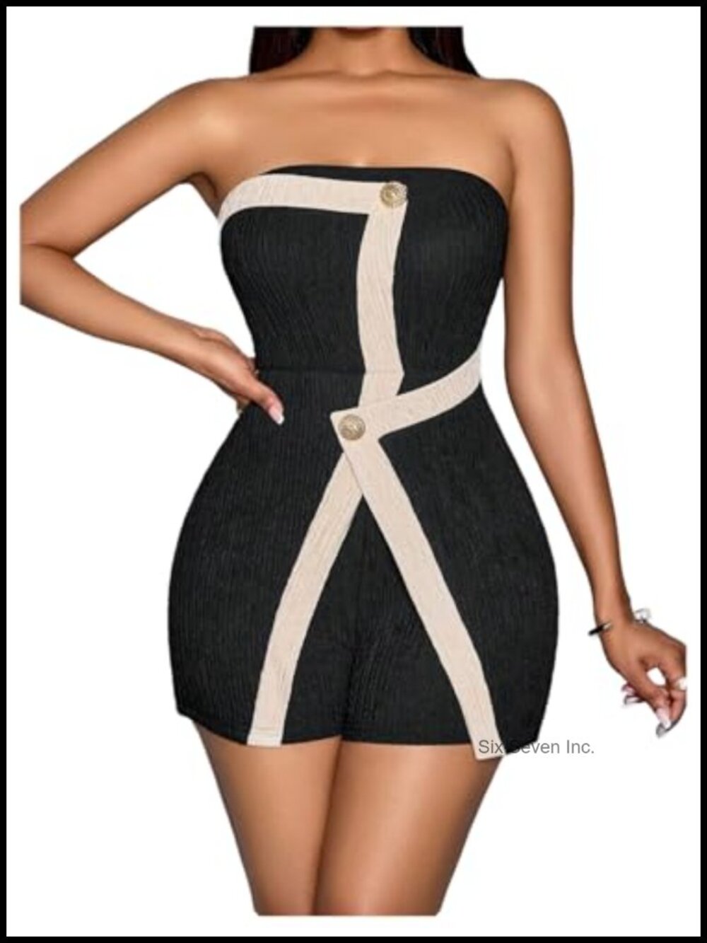 Strapless Button Romper Colorblock Business Outfit Sleeveless